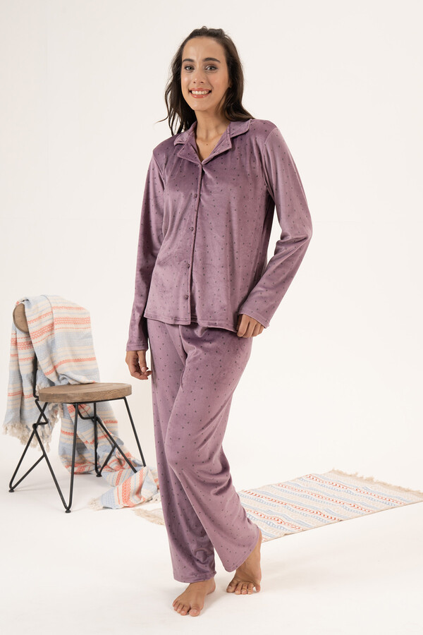 Kadın Kadife Önü Düğmeli Pijama Takımı 24360 Lila