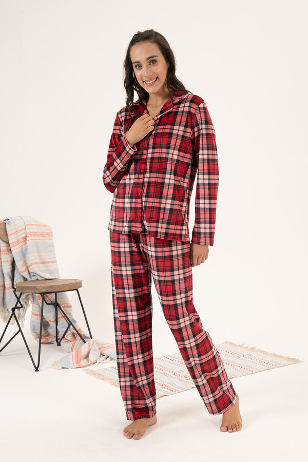 Kadın Kadife Önü Düğmeli Pijama Takımı 24365 Bordo