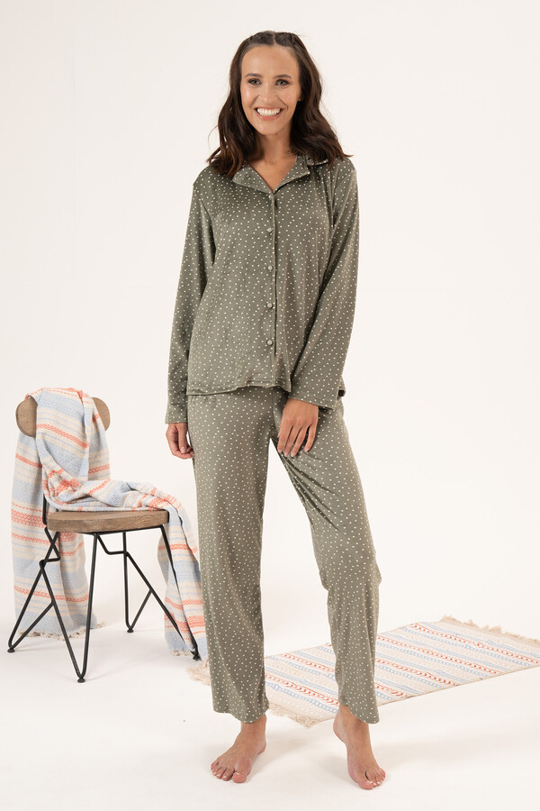 Kadın Kadife Önü Düğmeli Pijama Takımı 24367 Haki