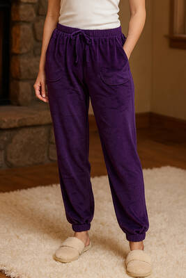 Remsa - Kadın Kadife Paçası Lastikli Cep Detaylı Tek Alt 503 Mor