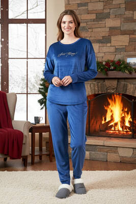 Remsa - Kadın Kadife Pijama Takımı 25384 Açık Lacivert