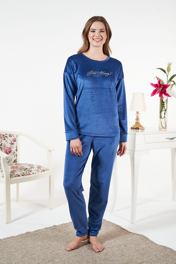 Kadın Kadife Pijama Takımı 25384 Açık Lacivert - Thumbnail