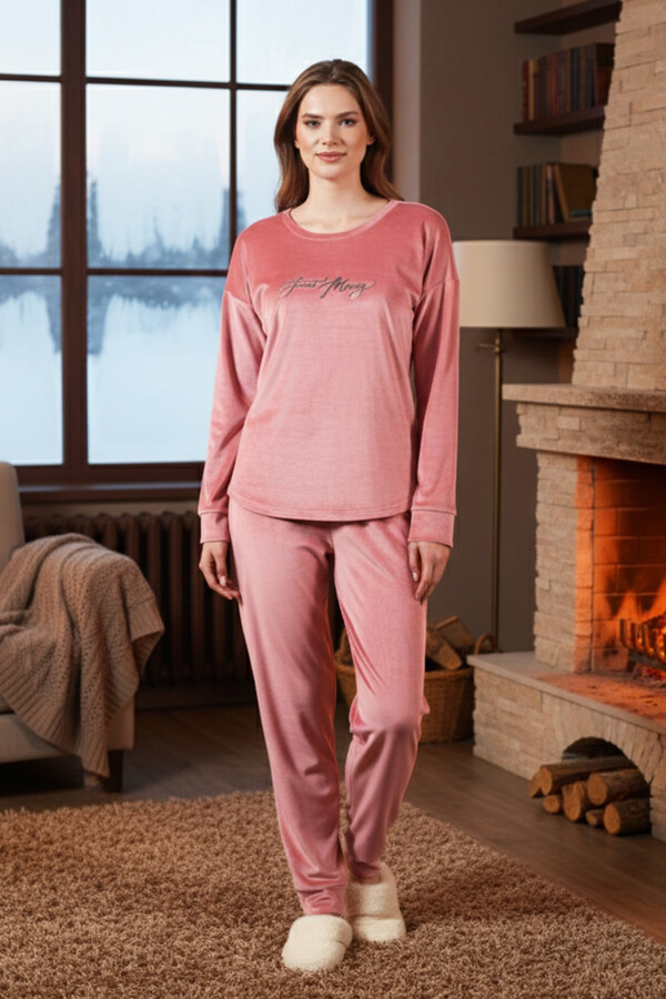 Kadın Kadife Pijama Takımı 25386 Pudra - Thumbnail