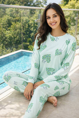 Remsa - Kadın Kalp Desen Comfort Pijama Takımı 0513 Yeşil (1)