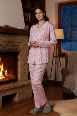 Remsa - Kadın Kalp Desen Önü Düğmeli Suprem Pijama Takımı 0541 Pembe09 (1)