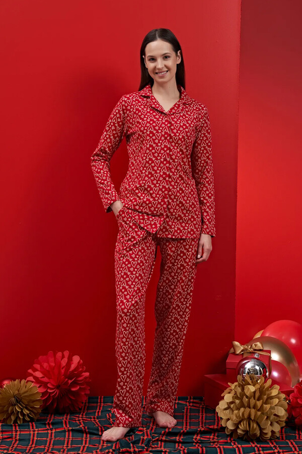 Kadın Kalp Desen Şardonlu Penye Pijama Takımı 1600 Kırmızı