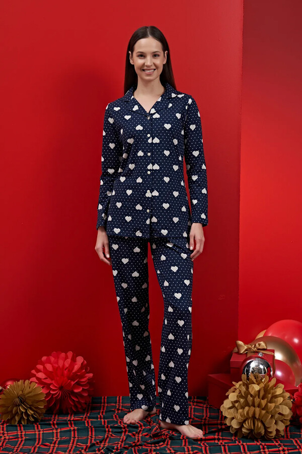 Kadın Kalp Desen Şardonlu Penye Pijama Takımı 1607 Lacivert