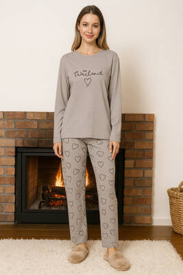 Remsa - Kadın Kalp Desen Suprem Pijama Takımı 0351 Açık Vizon