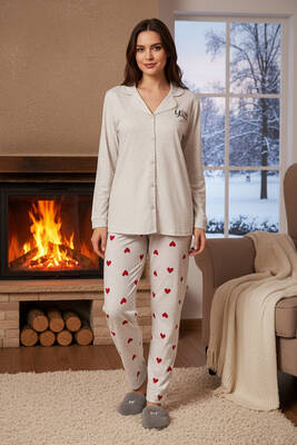 Remsa - Kadın Kalp Desen Suprem Pijama Takımı 0529 Vizon05 (1)