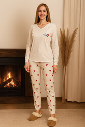 Remsa - Kadın Kalp Desen V Yaka Suprem Pijama Takımı 0464 Gri06
