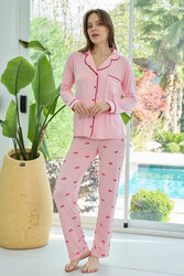 Remsa - Kadın Kalp Desenli Önü Düğmeli Yumuşak Milan Kumaş Pijama Takımı 250359 Pembe01