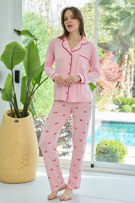 Remsa - Kadın Kalp Desenli Önü Düğmeli Yumuşak Milan Kumaş Pijama Takımı 250359 Pembe01
