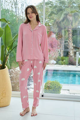 Remsa - Kadın Kalp Desenli Önü Düğmeli Yumuşak Milan Kumaş Pijama Takımı 250376 Pembe02