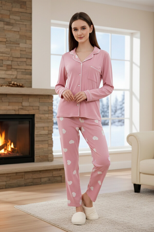 Kadın Kalp Desenli Önü Düğmeli Yumuşak Milan Kumaş Pijama Takımı 250376 Pembe02 - Thumbnail
