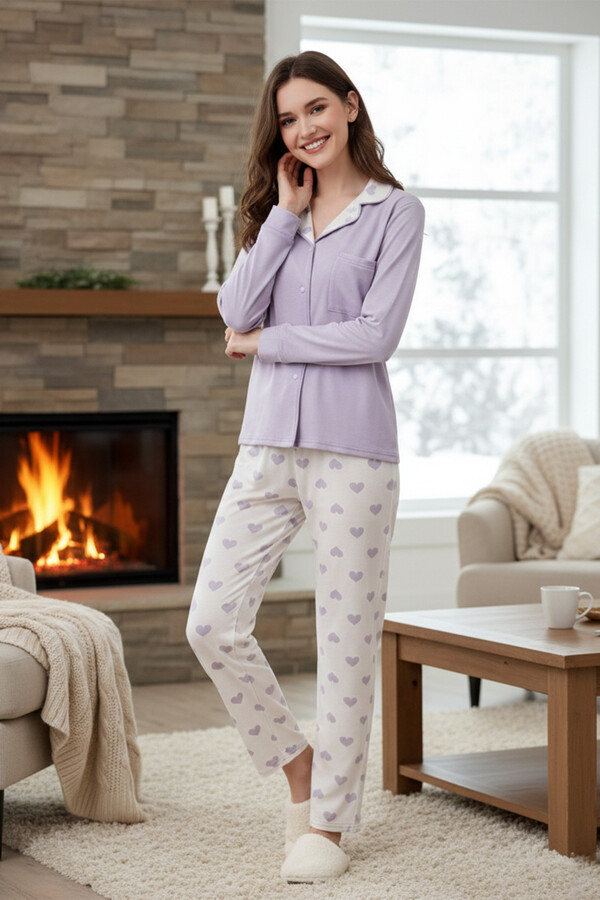 Kadın Kalp Desenli Önü Düğmeli Yumuşak Milan Kumaş Pijama Takımı 250385 Lila - Thumbnail
