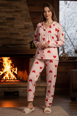 Remsa - Kadın Kalp Desenli Suprem Pijama Takımı 0323 Pembe13