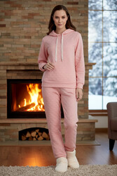 Aydoğan - Kadın Kapüşonlu Uzun Kol Kalın Kumaş Pijama Takımı 240430 Pembe03