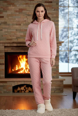 Aydoğan - Kadın Kapüşonlu Uzun Kol Kalın Kumaş Pijama Takımı 240430 Pembe03