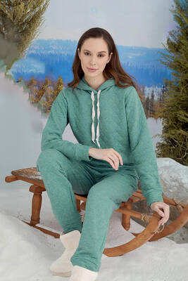 Aydoğan - Kadın Kapüşonlu Uzun Kol Kalın Kumaş Pijama Takımı 240434 Mint01 (1)