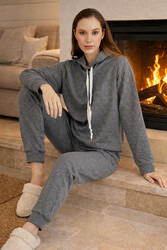 Aydoğan - Kadın Kapüşonlu Uzun Kol Kalın Kumaş Pijama Takımı 240436 Gri01
