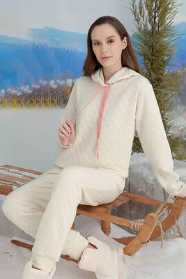 Aydoğan - Kadın Kapüşonlu Uzun Kol Kalın Kumaş Pijama Takımı 240437 Bej01 (1)