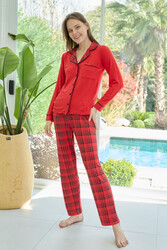 Remsa - Kadın Kare Desenli Önü Düğmeli Yumuşak Milan Kumaş Pijama Takımı 250350 Kırmızı01