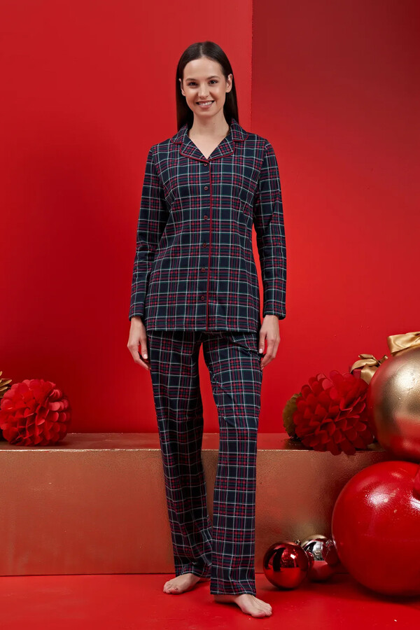 Kadın Kare Desenli Şardonlu Penye Pijama Takımı 1612 Lacivert