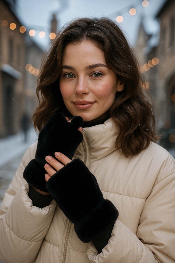 Kadın Kesik Peluş Eldiven ELD-33 Siyah - Thumbnail