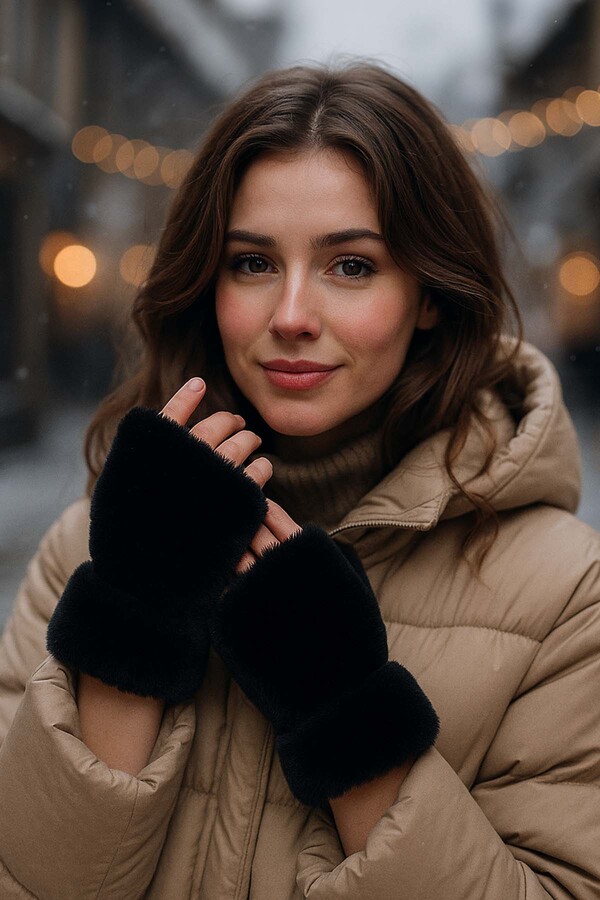 Kadın Kesik Peluş Eldiven ELD-33 Siyah - Thumbnail