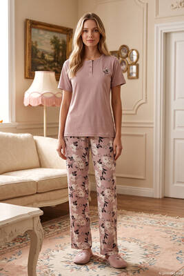 Remsa - Kadın Kısa Kol Çiçek Desen Viskon Pijama Takımı 3357 Açık Lila (1)