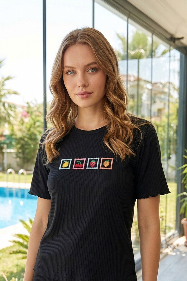 Kadın Kısa Kol Kaşkorse Kumaş Pijama Takımı 70823-3354 Siyah - Thumbnail