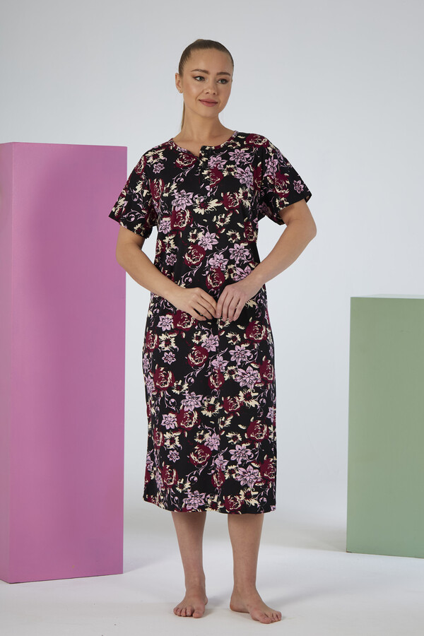 Kadın Kısa Kol Viskon Elbise Pijama 25237-5 Siyah - Thumbnail