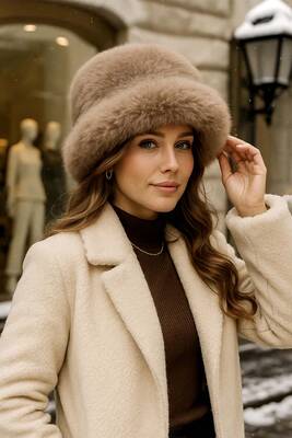 Remsa - Kadın Kürklü Bucket Kalpak Şapka 1142 RKŞ-15 Vizon (1)