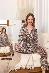 Remsa - Kadın Leopar Desen Düğmeli Suprem Pijama Takımı 0397 Kahverengi