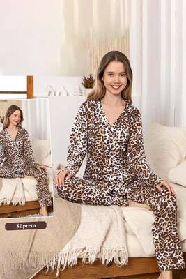 Remsa - Kadın Leopar Desen Düğmeli Suprem Pijama Takımı 0397 Kahverengi (1)