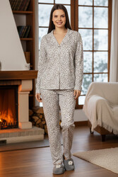 Remsa - Kadın Leopar Desen Önü Düğmeli Suprem Pijama Takımı 0547 Beyaz02