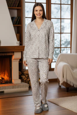 Remsa - Kadın Leopar Desen Önü Düğmeli Suprem Pijama Takımı 0547 Beyaz02