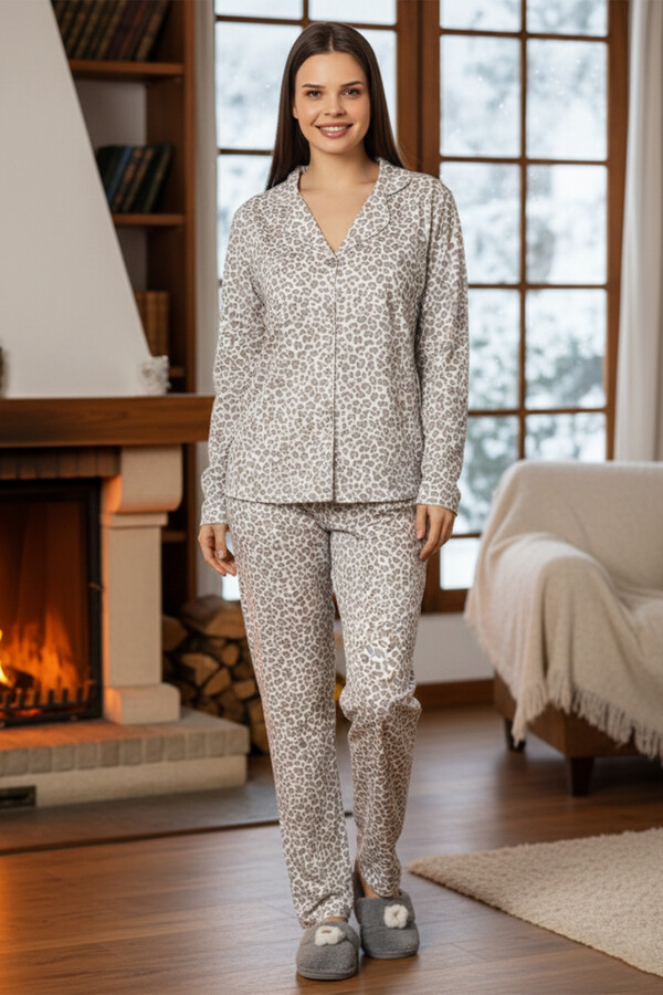 Kadın Leopar Desen Önü Düğmeli Suprem Pijama Takımı 0547 Beyaz02 - Thumbnail