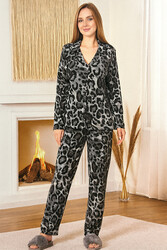 Remsa - Kadın Leopar Desen Saphire Önü Düğmeli Pijama Takımı 0478 Siyah08