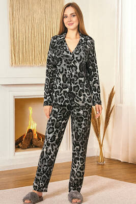 Remsa - Kadın Leopar Desen Saphire Önü Düğmeli Pijama Takımı 0478 Siyah08