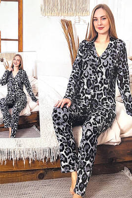 Remsa - Kadın Leopar Desen Saphire Önü Düğmeli Pijama Takımı 0478 Siyah08 (1)