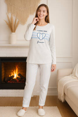 Remsa - Kadın Mavi Çizgili Kalp Desen Suprem Pijama Takımı 0454 Gri01 (1)