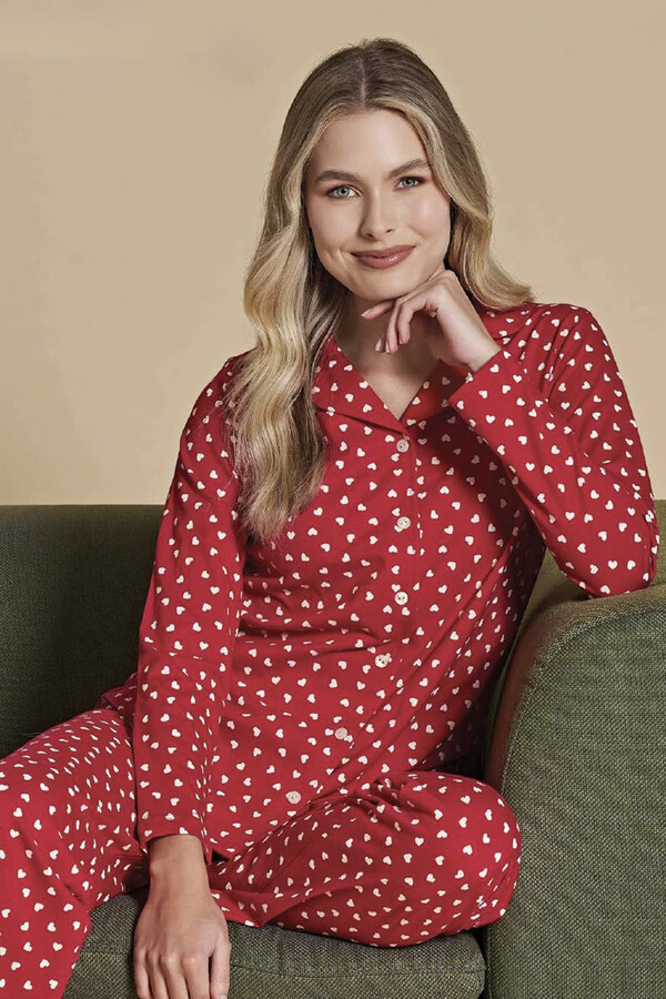 Kadın Önden Düğmeli Pijama Takımı 1401 Kırmızı