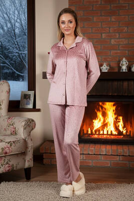 Remsa - Kadın Önü Düğmeli Kadife Pijama Takımı 25361 Pudra 