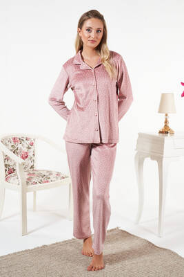 Remsa - Kadın Önü Düğmeli Kadife Pijama Takımı 25361 Pudra (1)
