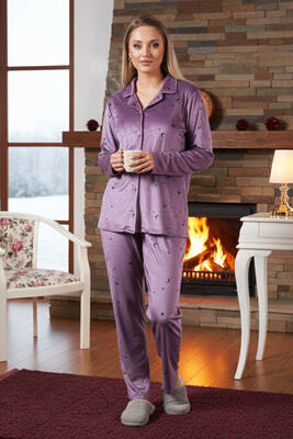 Remsa - Kadın Önü Düğmeli Kadife Pijama Takımı 25362 Lila