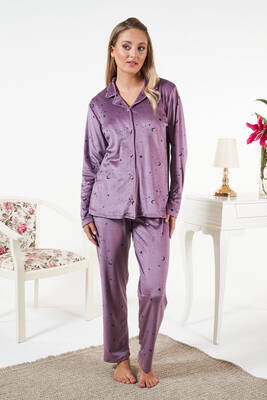 Remsa - Kadın Önü Düğmeli Kadife Pijama Takımı 25362 Lila (1)