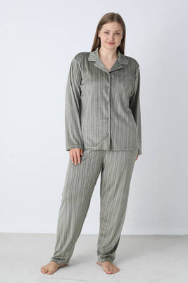 Remsa - Kadın Önü Düğmeli Kadife Pijama Takımı 25374 Haki (1)