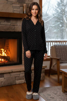 Remsa - Kadın Önü Düğmeli Suprem Pijama Takımı 0522 Siyah01 (1)