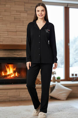 Remsa - Kadın Önü Düğmeli Suprem Pijama Takımı 0550 Siyah02